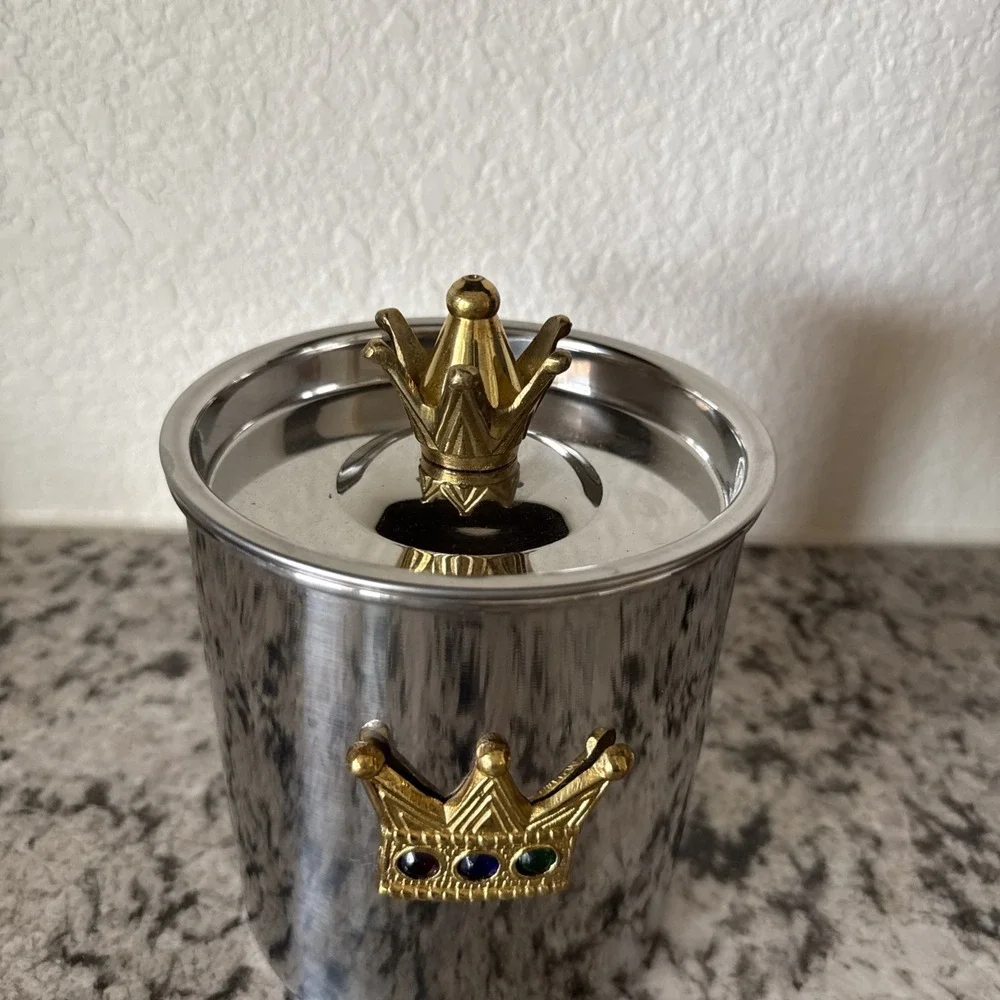 Vintage Mizar Chando India Stainless Steel Ice Bucket Crown Lid Brass Emblem MCM